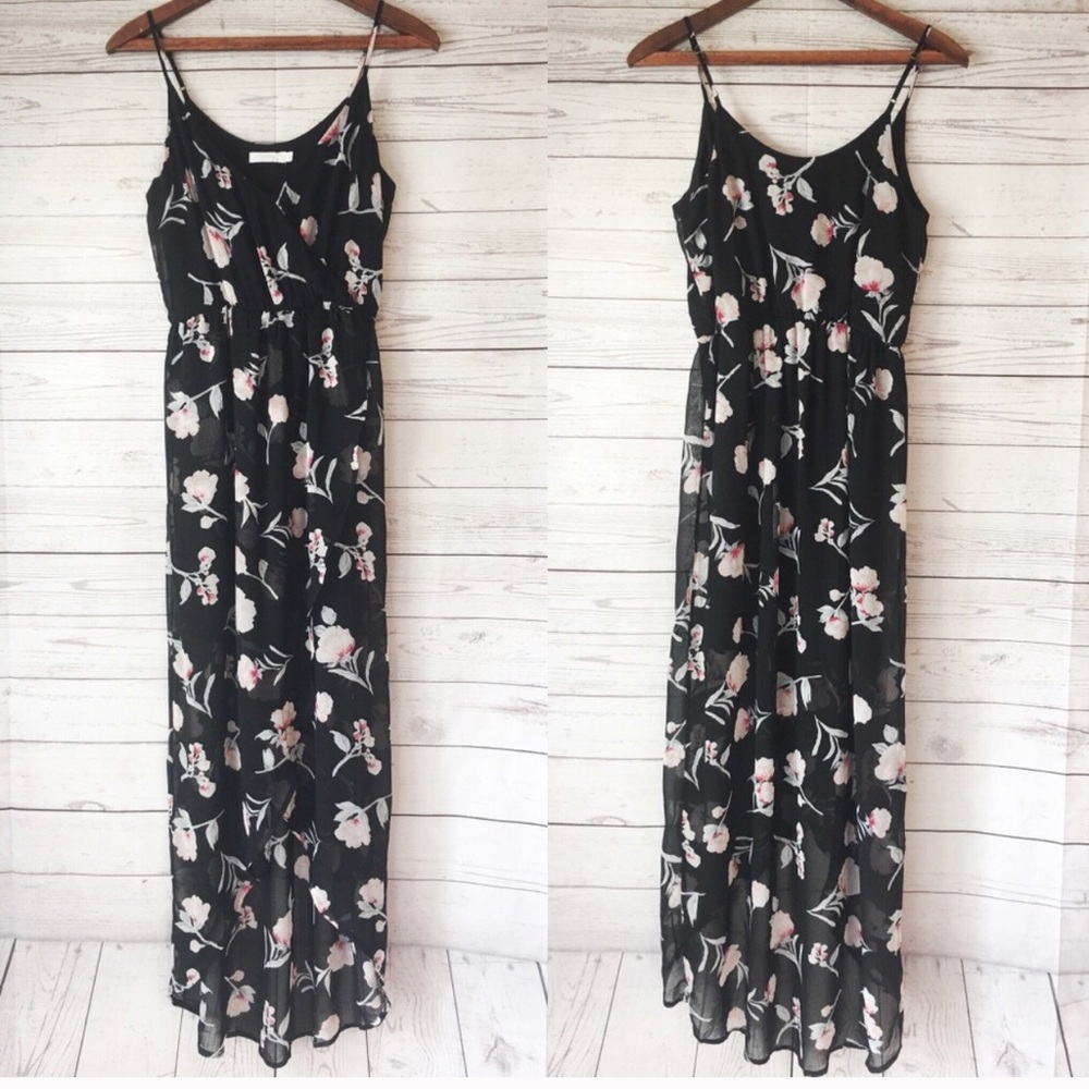 Lush Floral Black Spaghetti Strap Sheer Dress✨